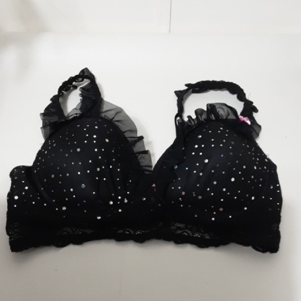 Saki Silver Black Ruffled Sequin Padded Underwire Women's Bra